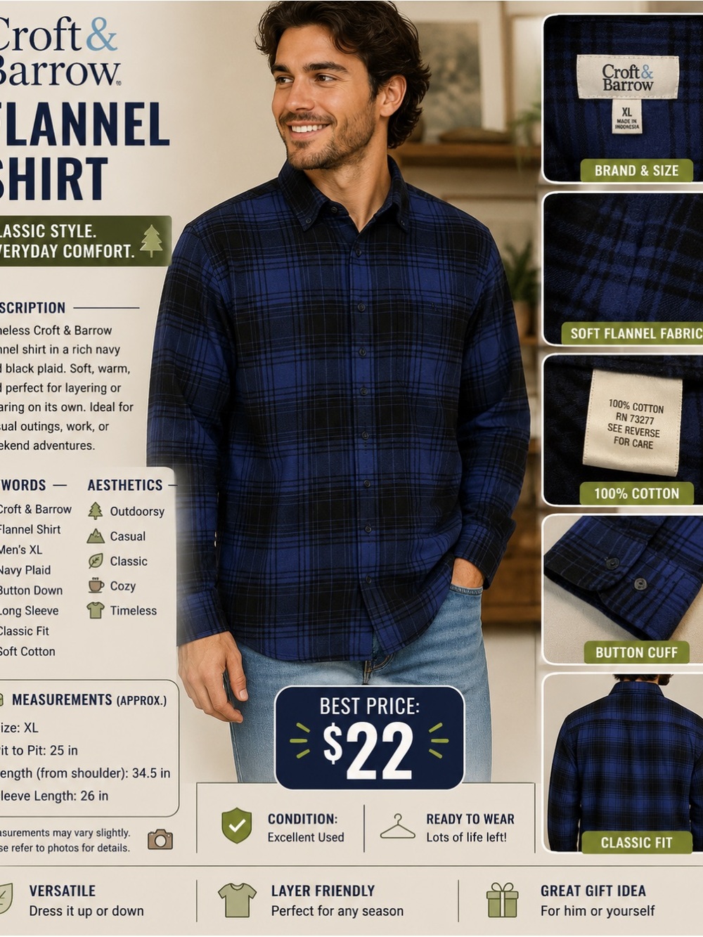 croft & barrow Navy and Black Plaid Button-Down Shirt